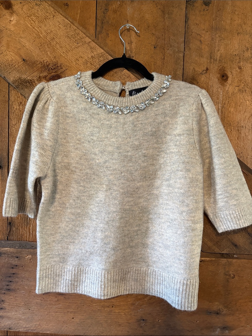 Marled Women's Beige/Cream Jeweled Neck Puff Sleeve Sweater